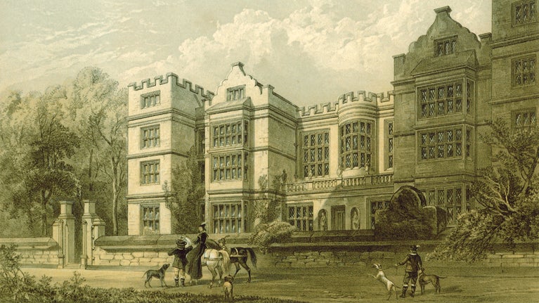 A drawing of Fountains Hall in North Yorkshire. Figures in Jacobean dress and a dog in the foreground.